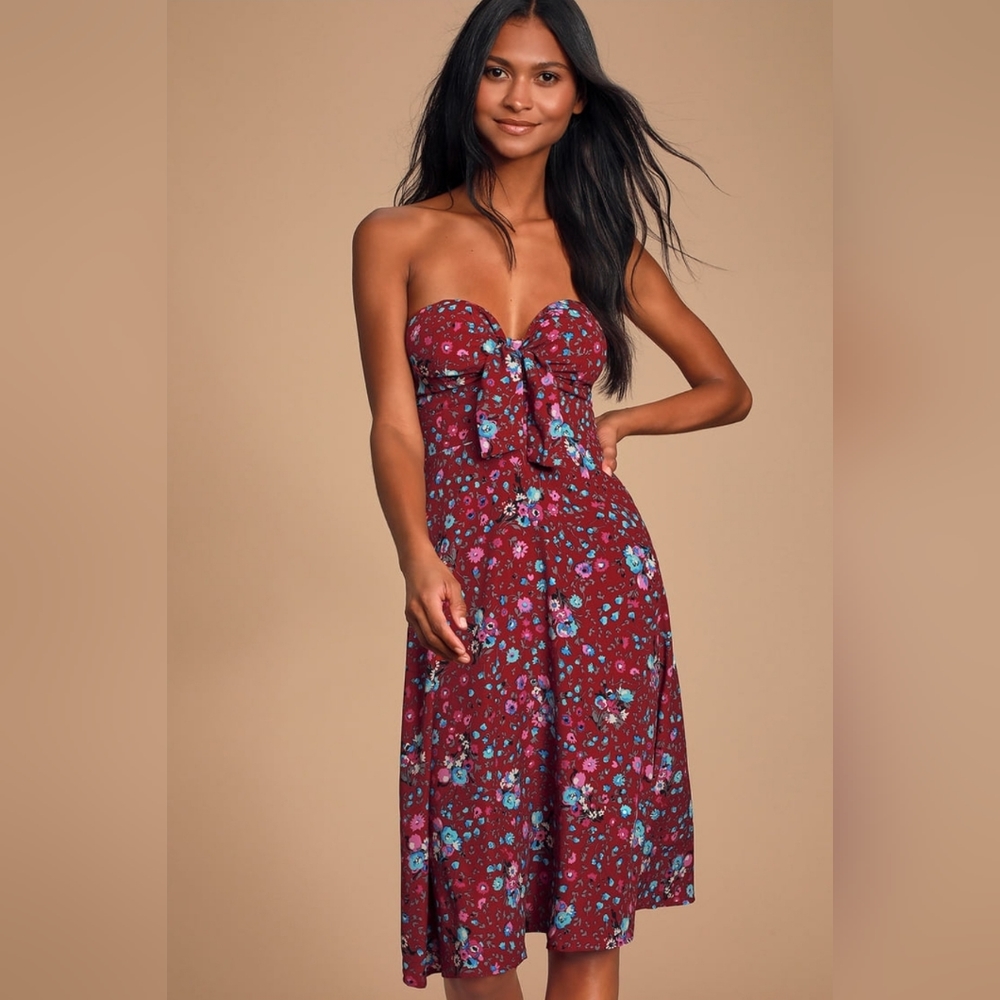 Lulu's Strapless Floral Dress in Red and Blue
